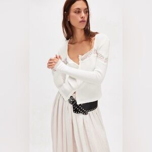 NWT FREE PEOPLE LET'S PARTY LACE TRIM WAFFLE COTTON CARDIGAN CLEAN IVORY